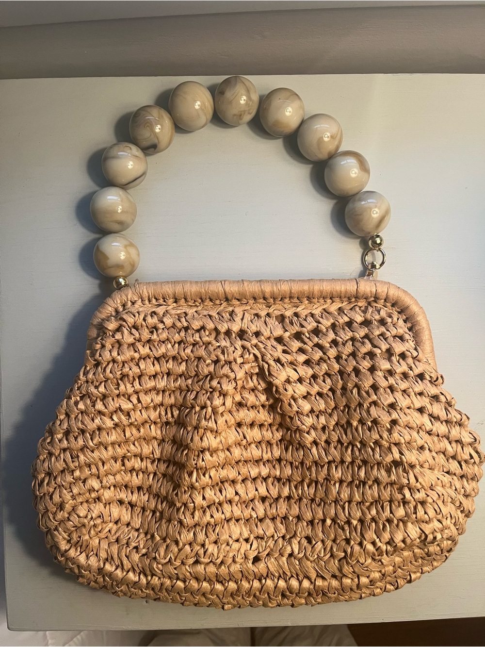 Woven Straw Beaded-Handle Tote — Neutral Beige